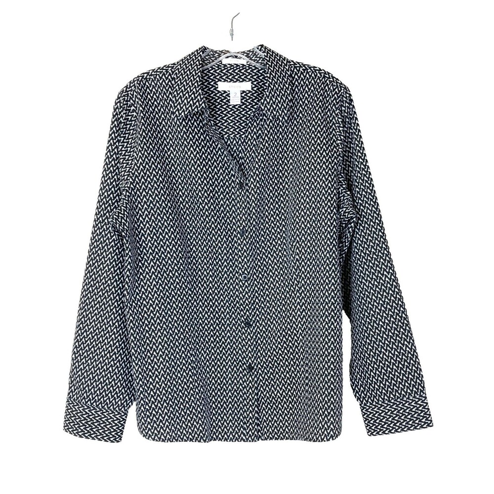 Chico's Women's No Iron Button Up Blouse Size 2 (L/12) Black White Business